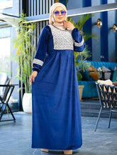 misk blue abaya velvet dress with embroidery