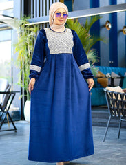 misk blue abaya velvet dress with embroidery