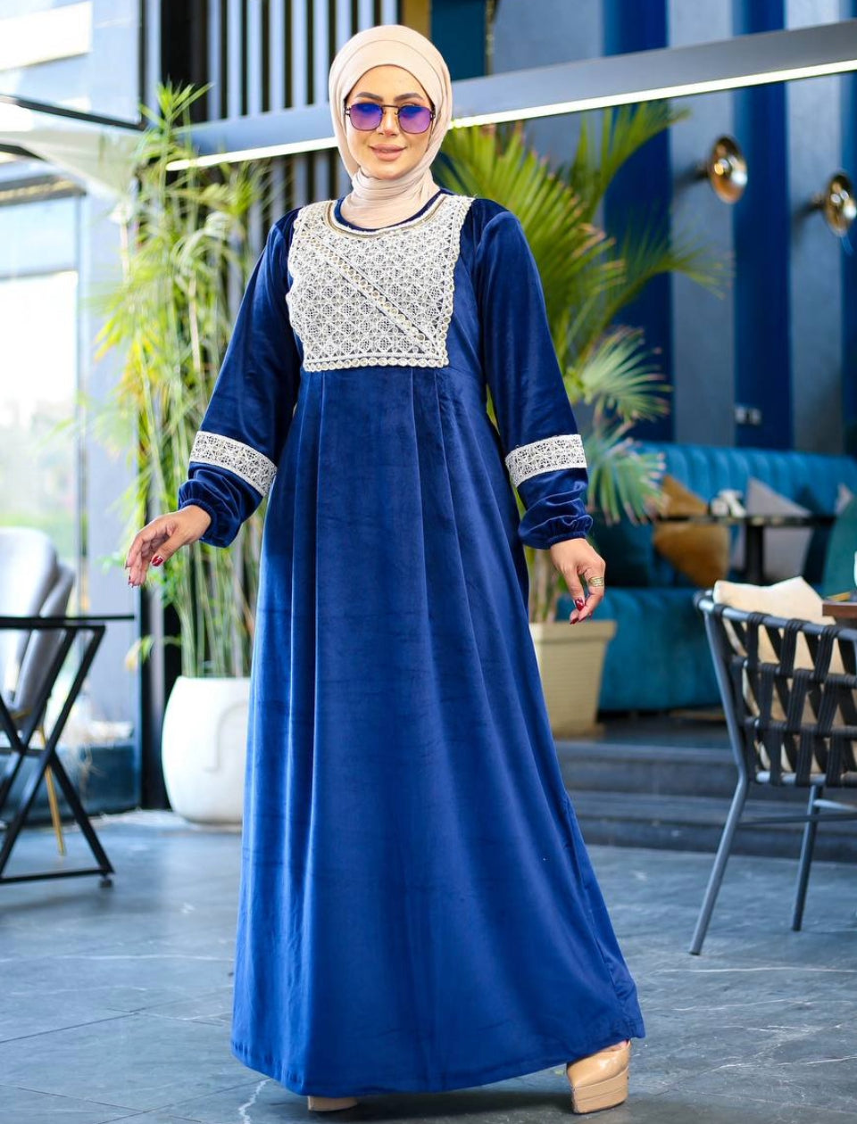 misk blue abaya velvet dress with embroidery