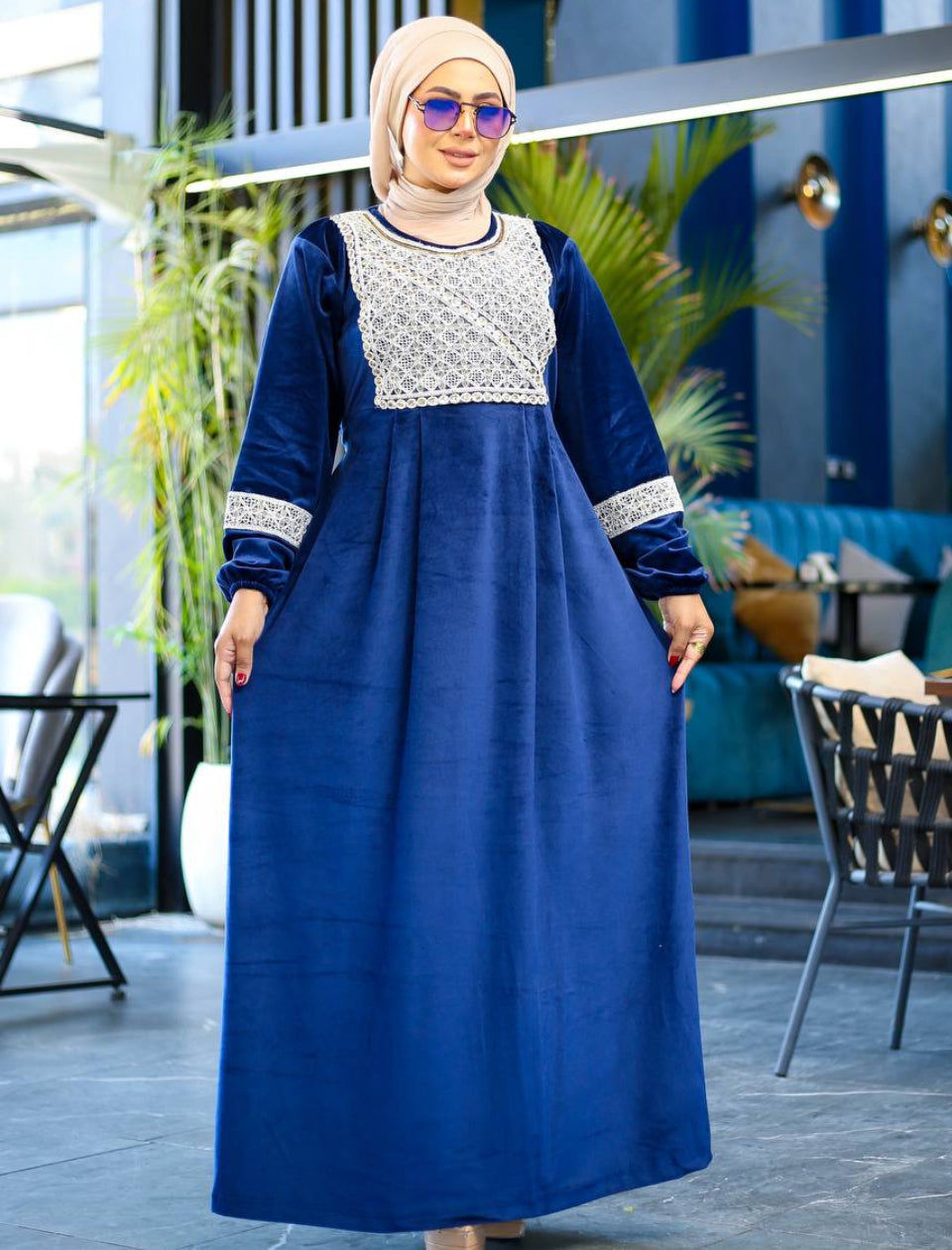 misk blue abaya velvet dress with embroidery